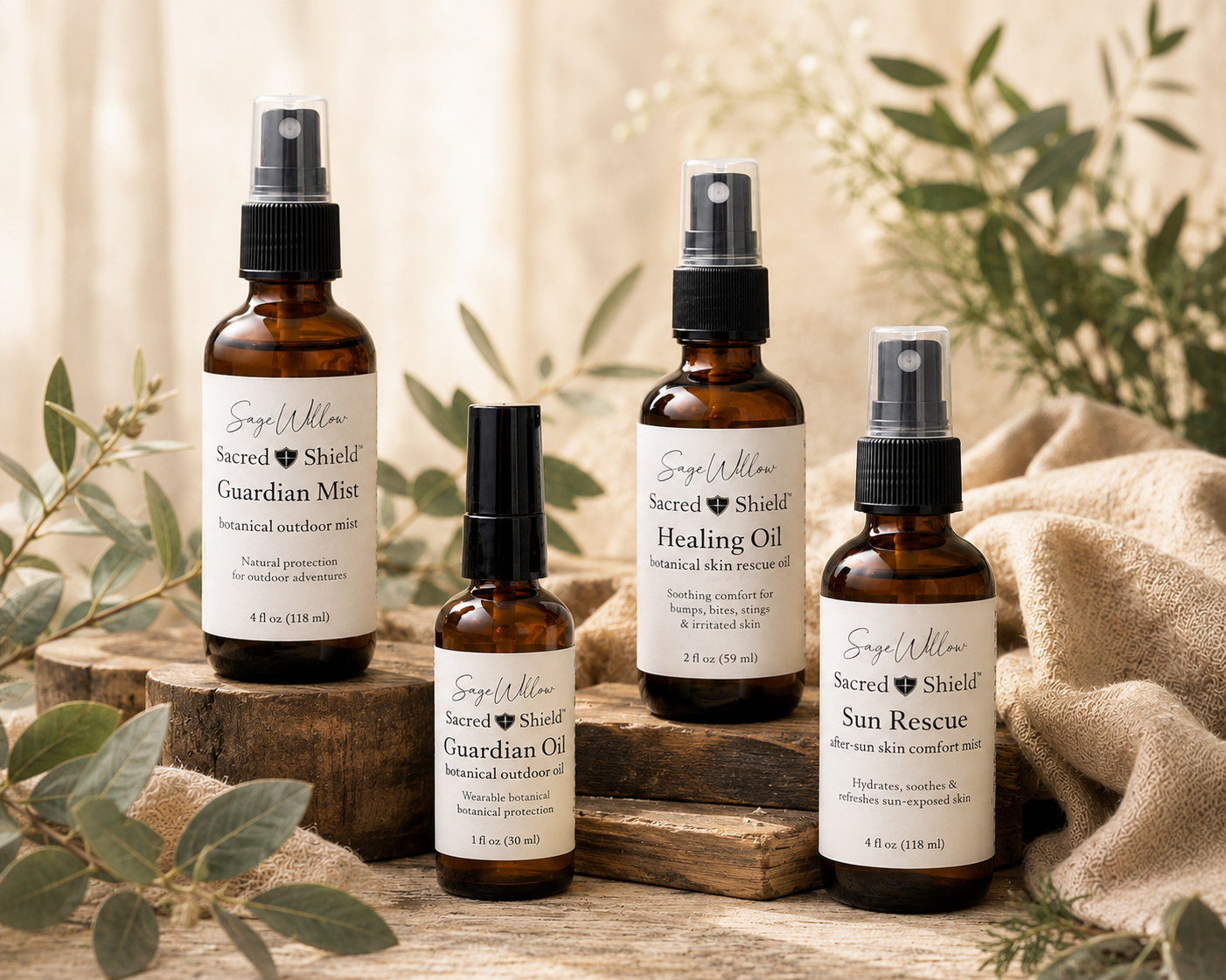 Sage Willow Designs Sacred Shield collection featuring Guardian Mist, Guardian Oil, and Healing Oil for natural outdoor skin and bug protection.